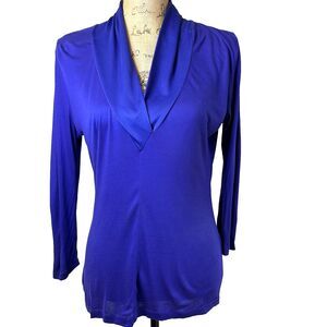 Hugo Boss Women's Bluish-Purple Draped Satin V-Neck Long Sleeve Knit Top Sz M